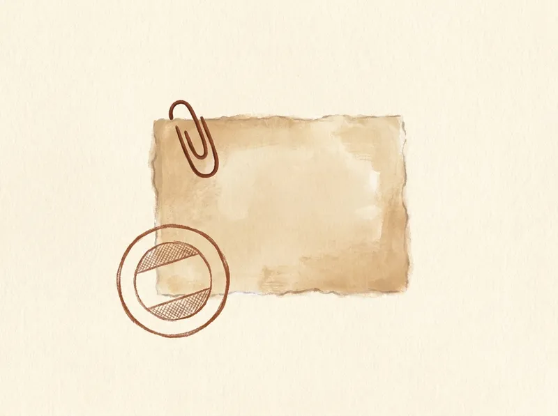 Small hand-illustrated torn-edge paper ticket with a drawn paperclip and a plain, unlettered circular postmark-style shape.